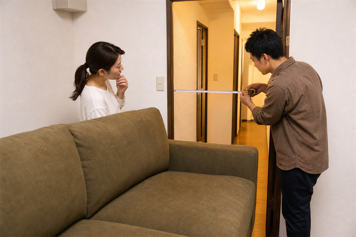 大型ソファを運び出せるか玄関幅を測る夫婦