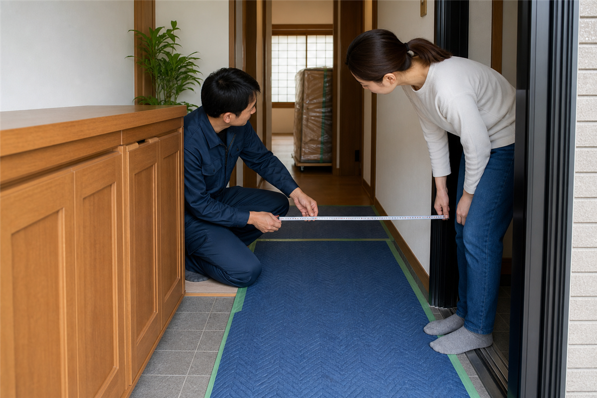 家具搬出前に玄関の通路幅を測る様子