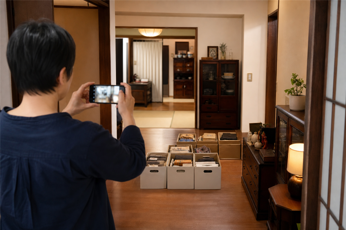 遺品整理の見積り前に室内写真を撮る様子