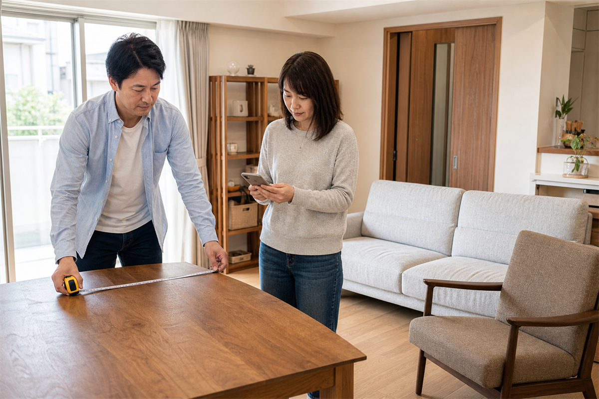 京都市の大型ごみ申込み前に家具の寸法を確認する夫婦