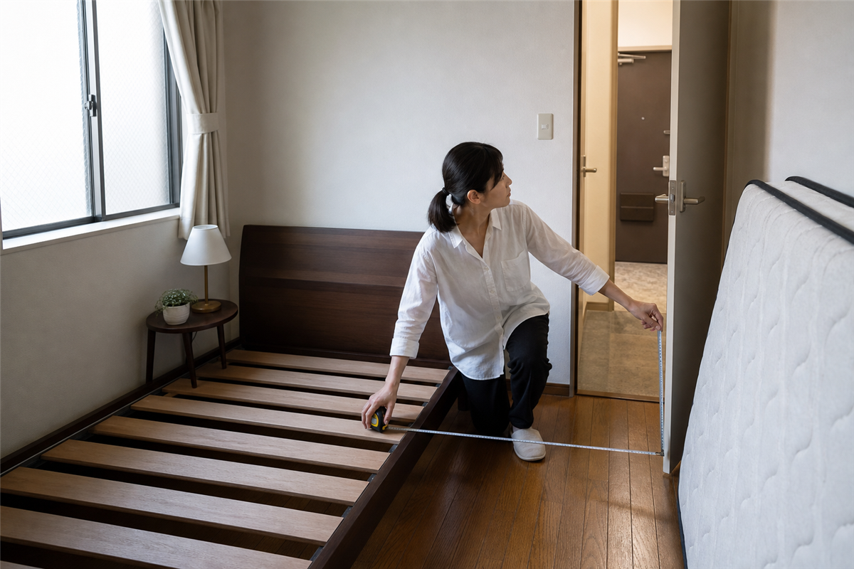 京都市の住宅でベッドとマットレスの処分を計画する様子