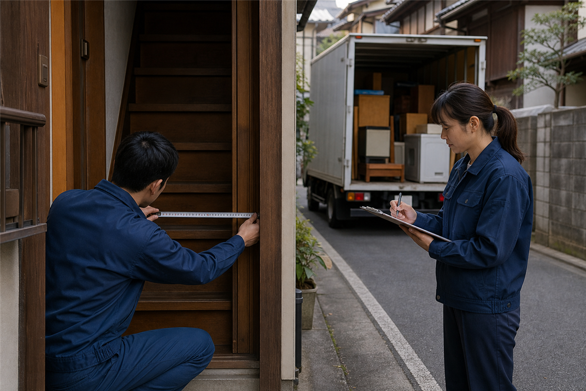 階段と玄関の搬出経路を測る様子