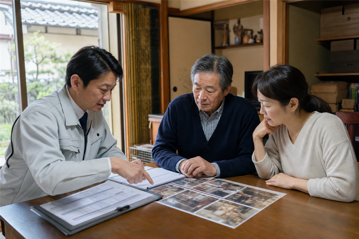 遺品整理の見積り範囲を家族で確認する様子