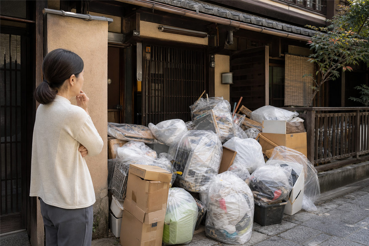 京都市東山区の住宅で玄関付近の片付け方を相談する様子