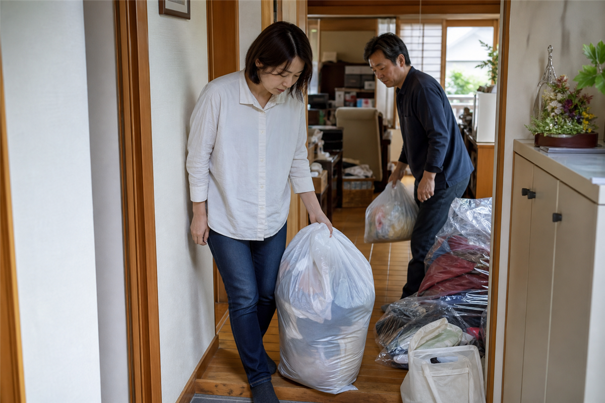 玄関から避難できる細い通路を確認する様子