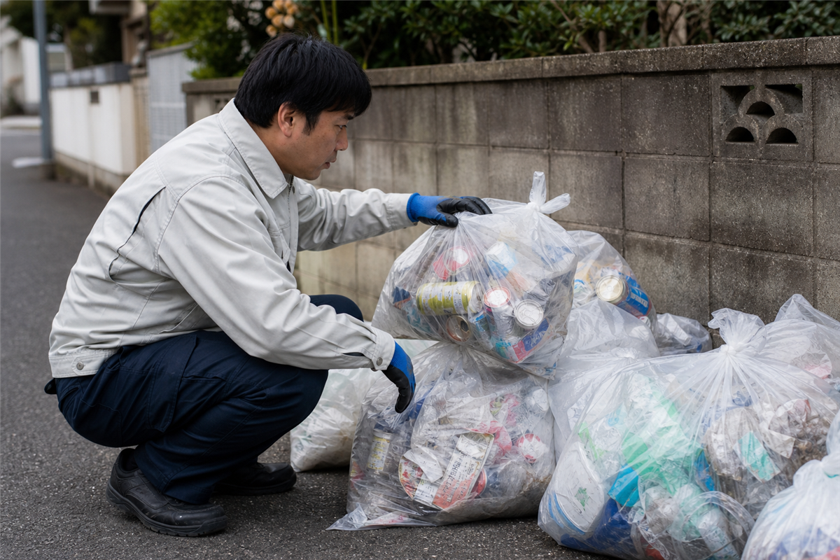 袋を開けず外観から危険物を確認する様子