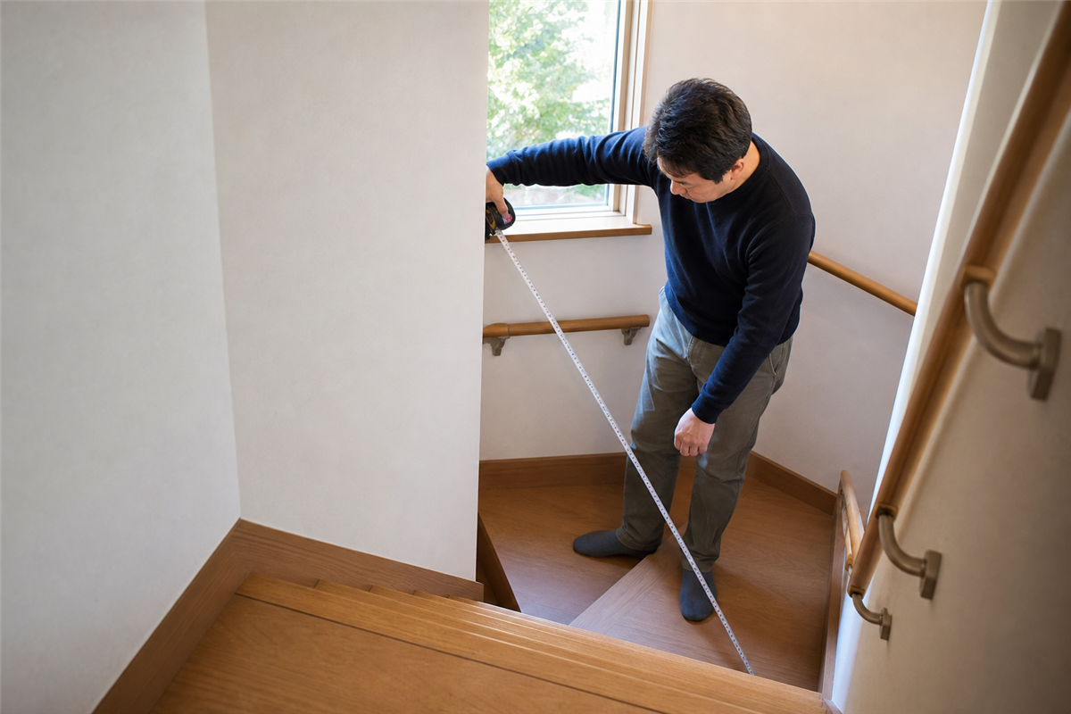 家具を運ぶ前に階段と曲がり角を測る様子
