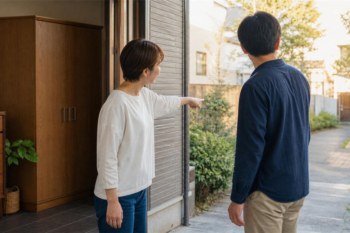 玄関から収集場所までの搬出経路を確認する様子