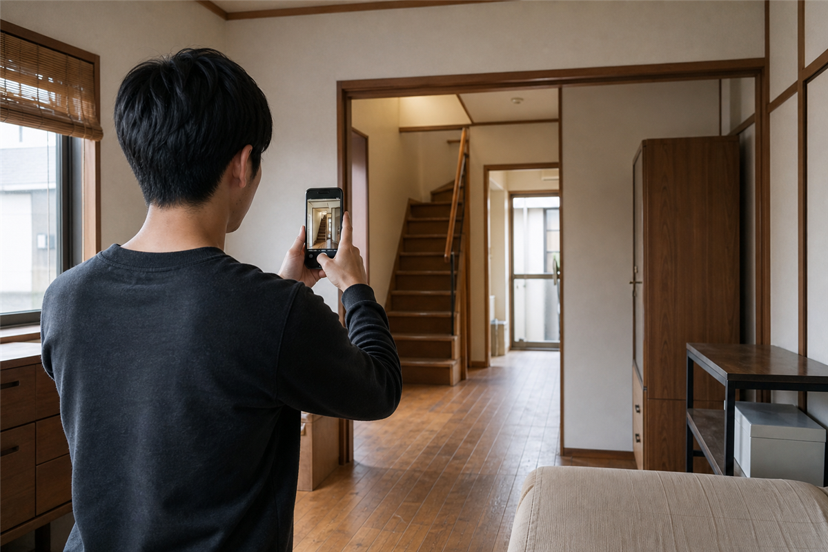 家具と通路を撮影して見積り準備をする様子