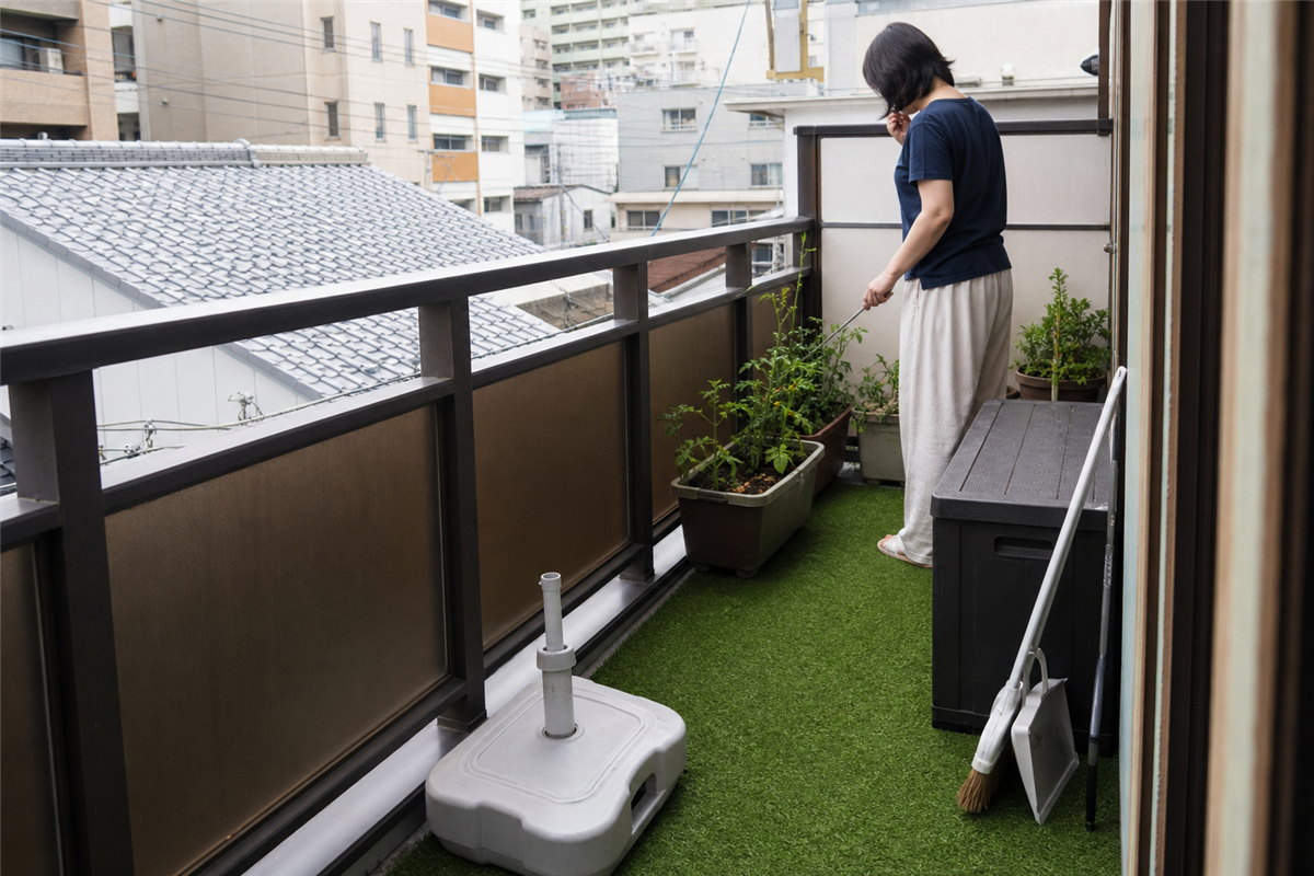 京都市中京区の賃貸住宅でベランダを確認する様子