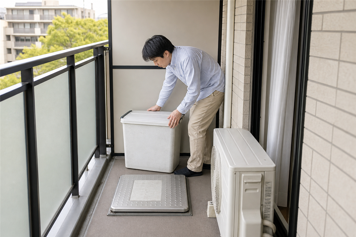 ベランダの避難ハッチ周辺を空ける様子