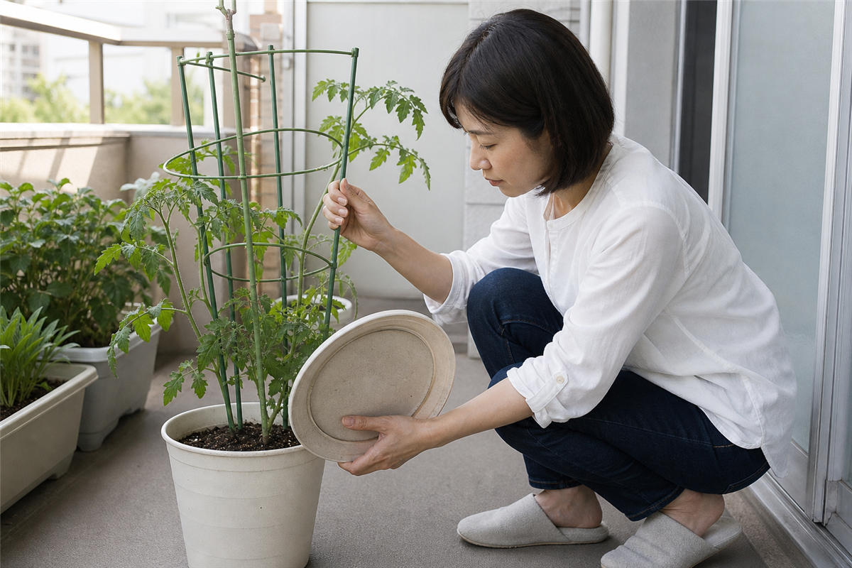 植木鉢と土と受け皿を分ける様子