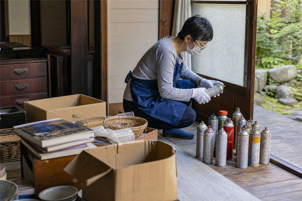 京都市下京区の住宅で遺品のスプレー缶を分ける様子