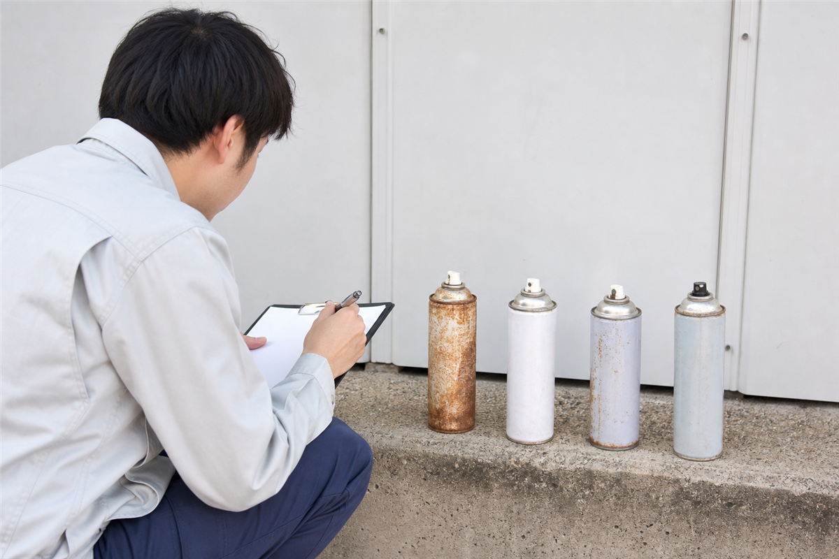 中身の有無を缶ごとに記録する様子