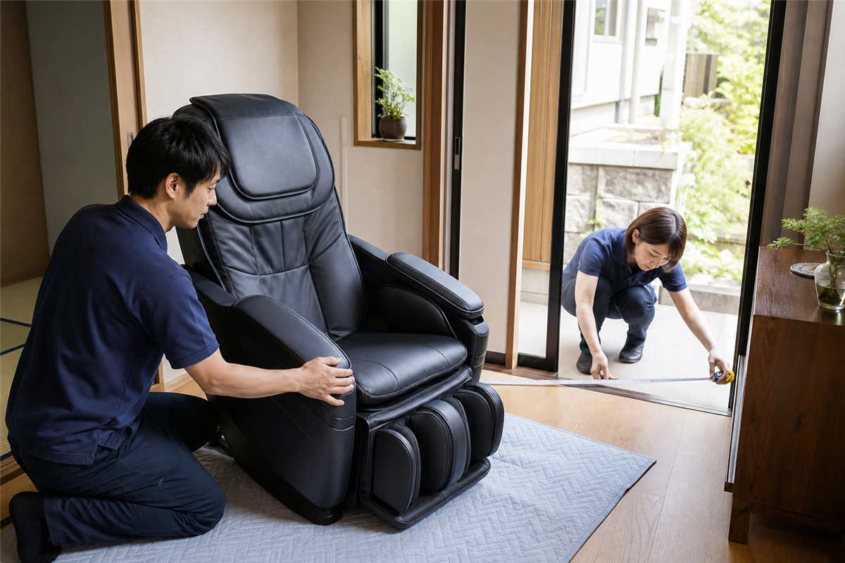 京都市右京区の住宅でマッサージチェアの処分準備をする様子