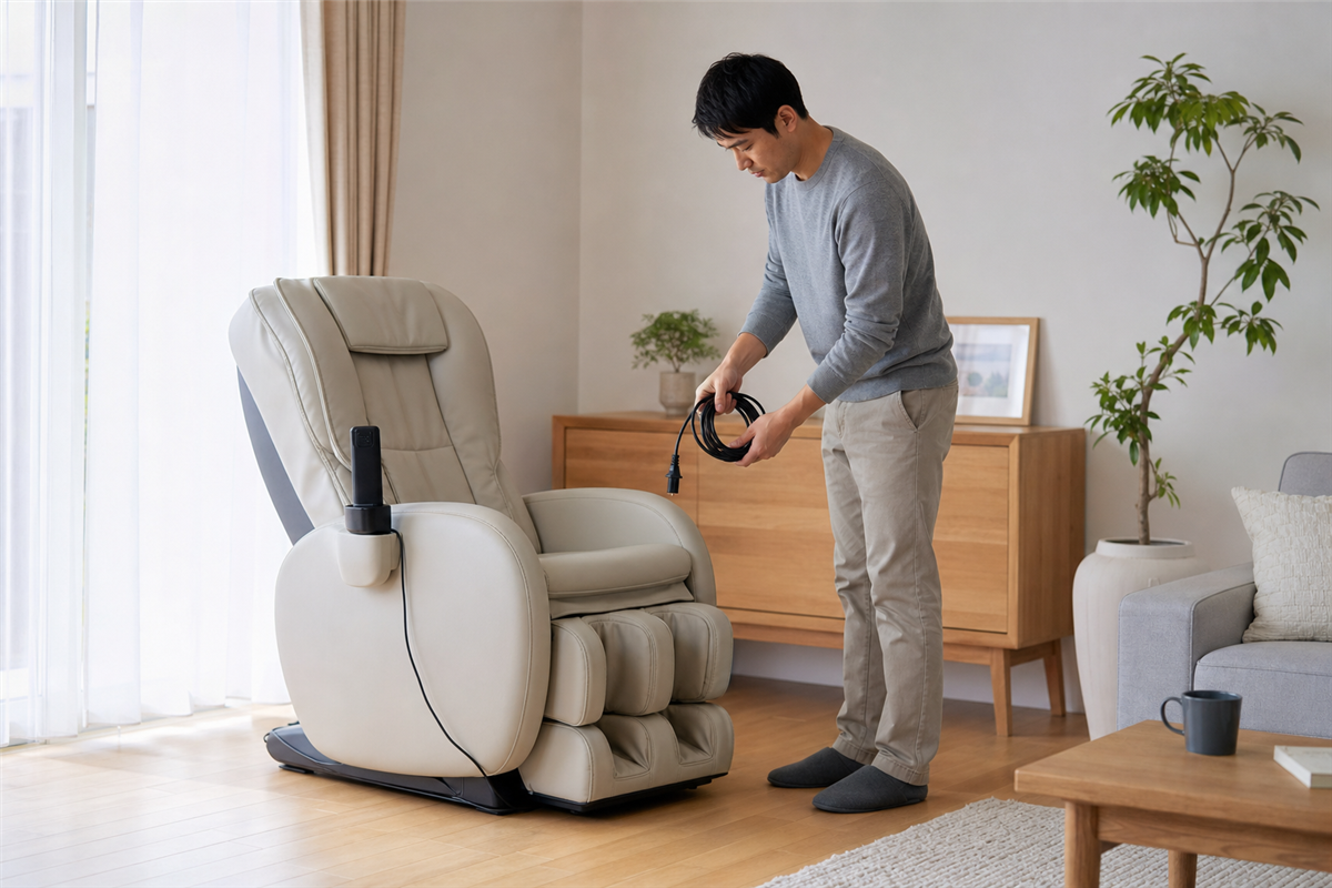 リクライニングを戻し電源コードをまとめる様子