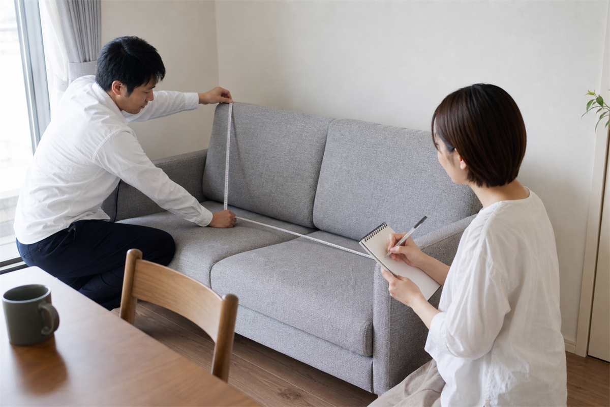 大型ごみとして出すソファの寸法を測る夫婦