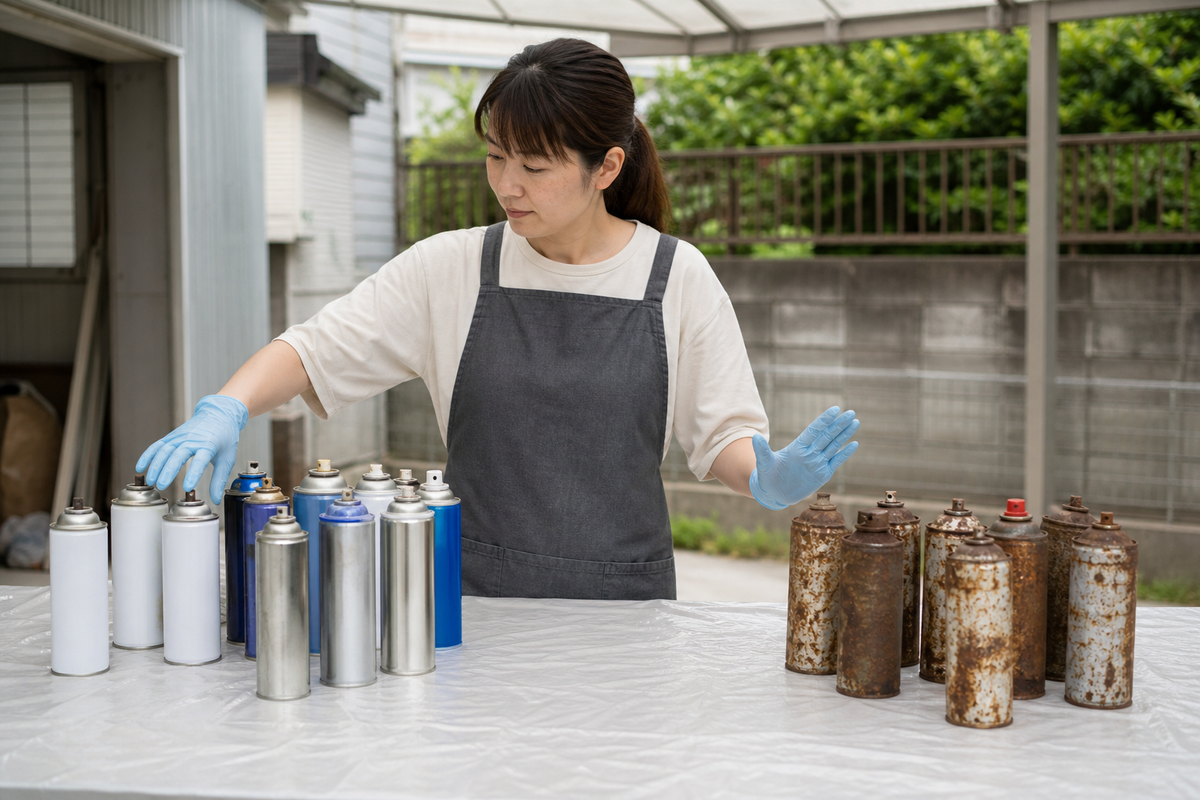 ノズルやさびを見てスプレー缶の状態を分けている手元