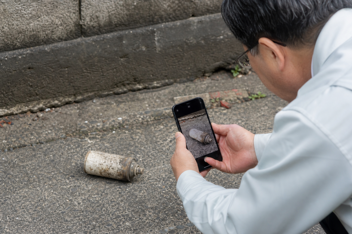 古いスプレー缶の状態を撮影して市への相談を準備する様子