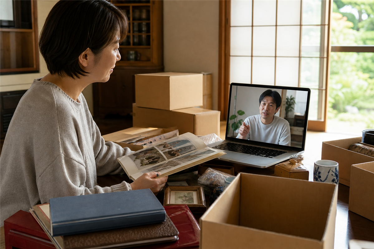 京都の実家にいる家族とオンラインで残す物を相談する様子