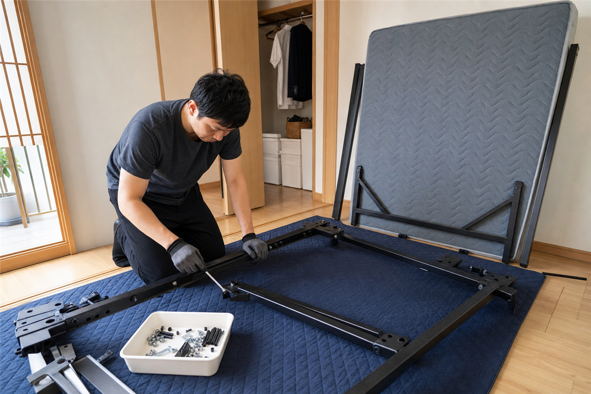 ベッドフレームを安全に解体する様子