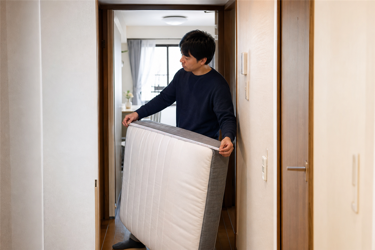 マットレスの搬出経路を測る様子