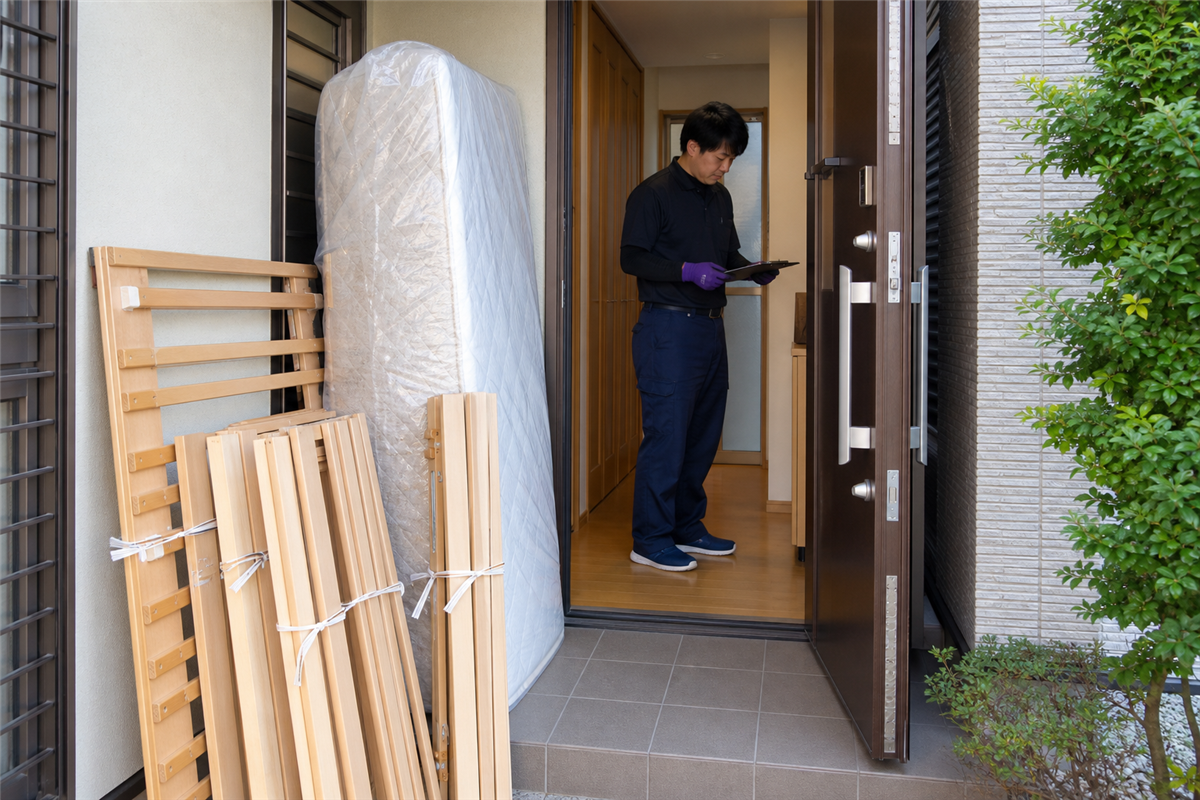 ベッド部材をまとめて搬出準備する様子
