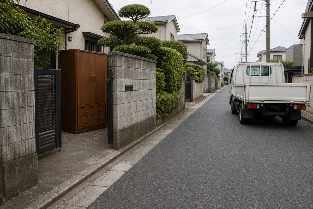 敷地内の家具と道路側の収集車の位置関係