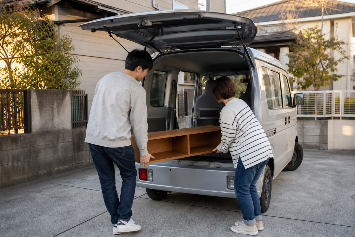 大型ごみの持ち込みに備えて棚を車へ積む様子