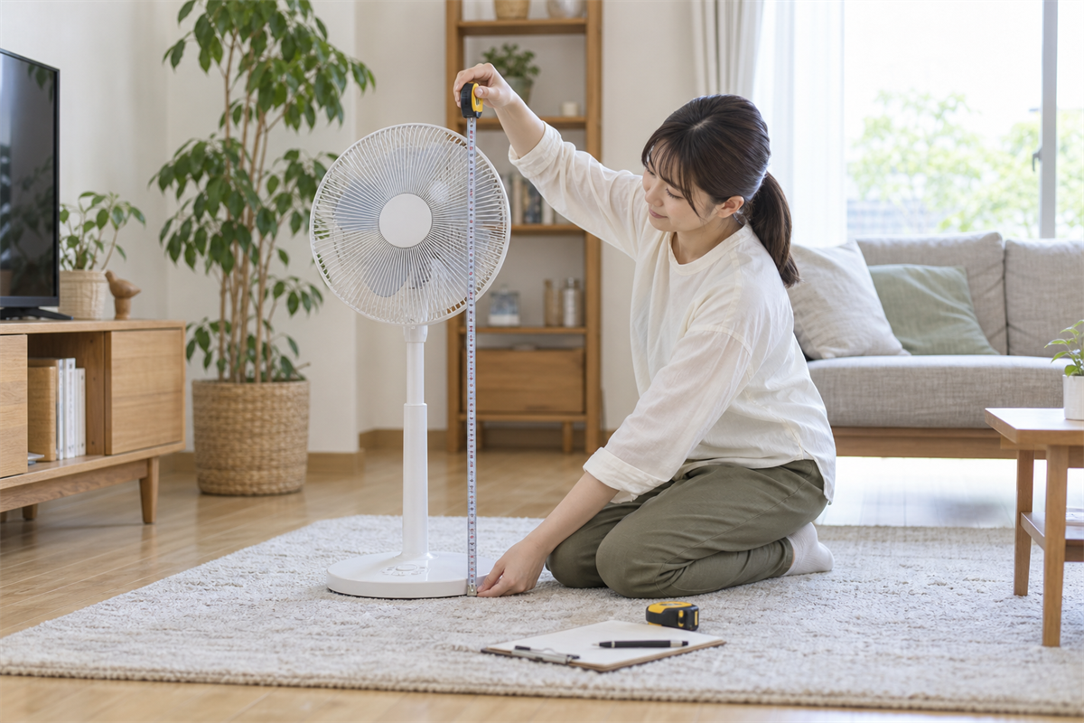 扇風機の高さ・幅・奥行きをメジャーで測る様子