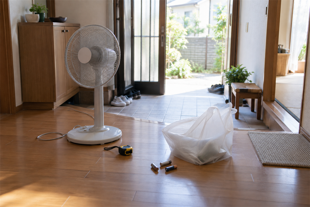 寸法、指定袋、電池の三点を確認した扇風機