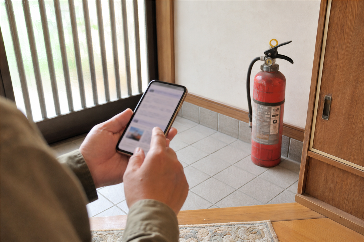 スマートフォンで消火器のリサイクル窓口を調べる様子