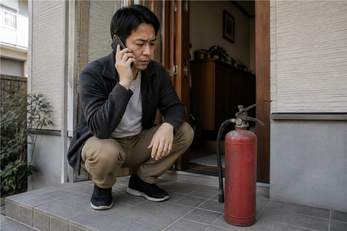 玄関で消火器を置いたまま電話確認する様子