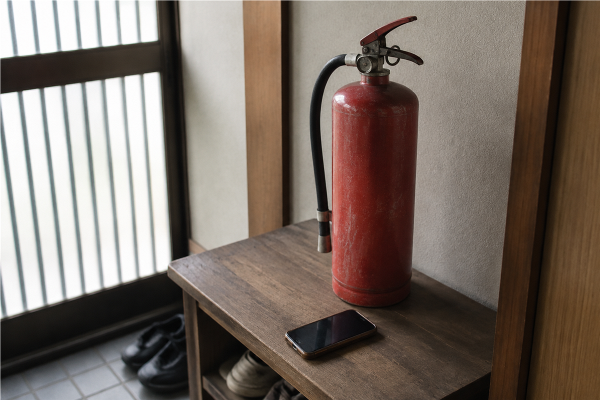 古い消火器と窓口検索に使うスマートフォン