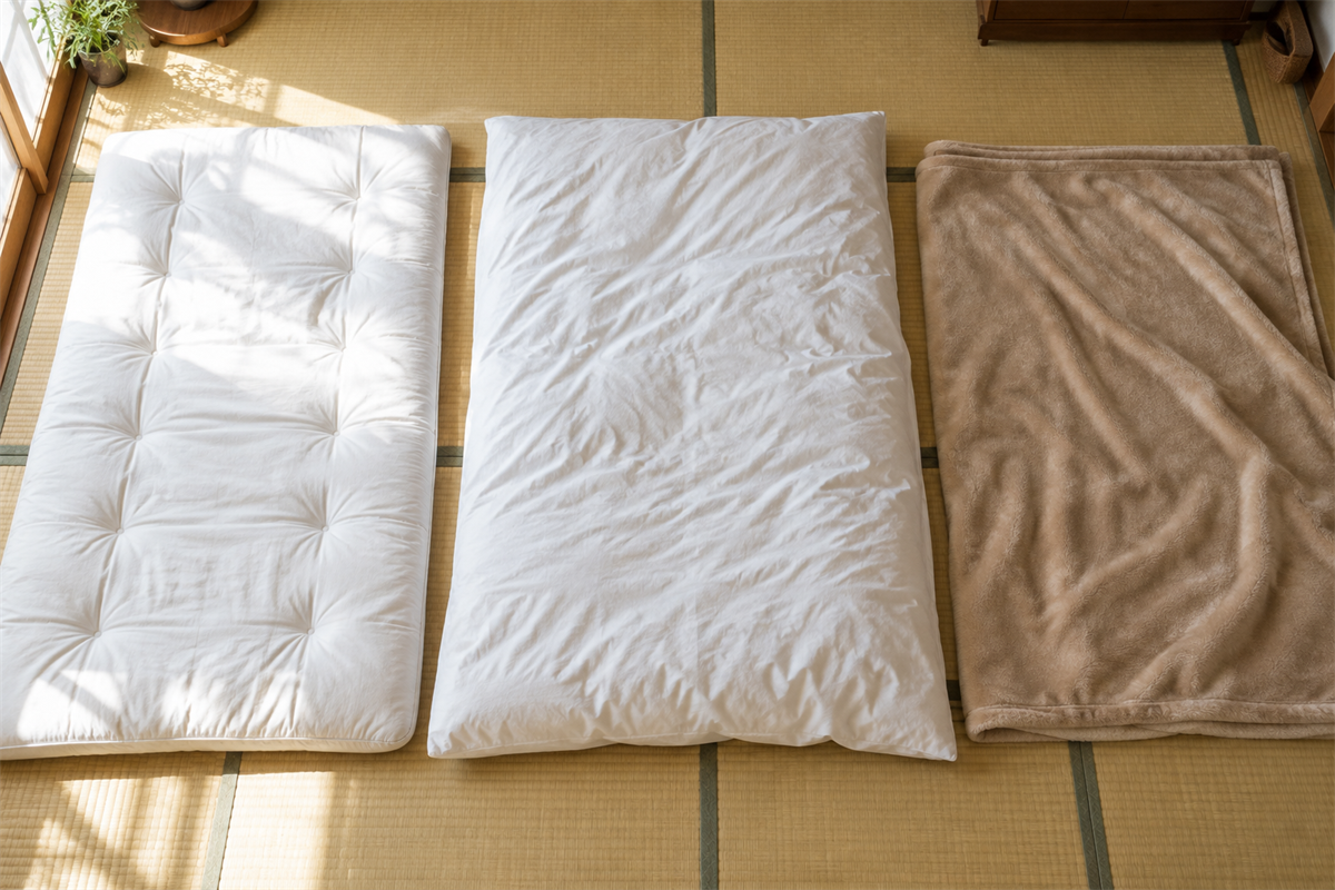 敷布団と掛け布団と毛布を一枚ずつ確認できるよう並べた様子