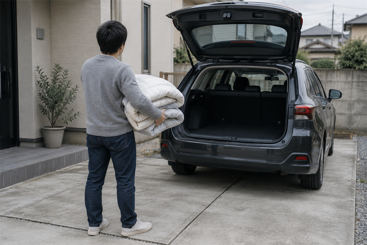 折り畳んだ布団が車の荷室へ安全に積めるか確認する様子