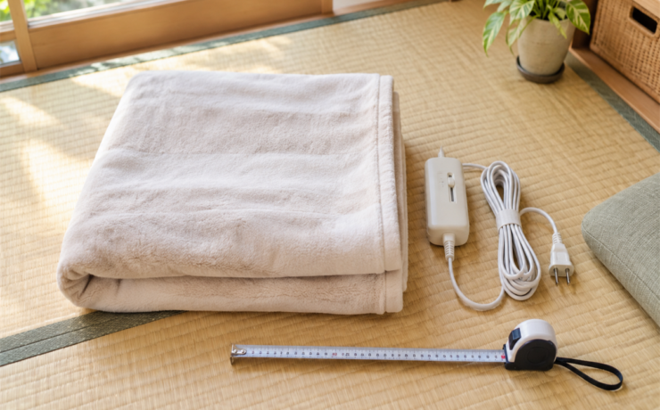 折りたたんだ電気毛布とコントローラー、電源コード、巻き尺