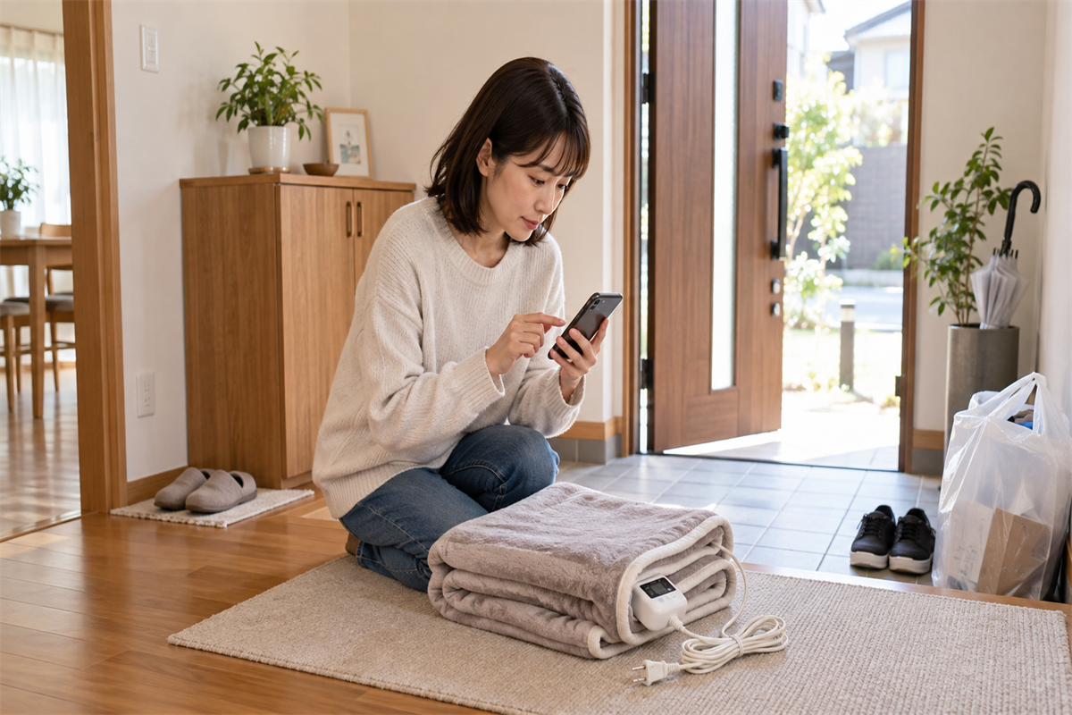 電気毛布をまとめて京都市の処分案内を確認する様子