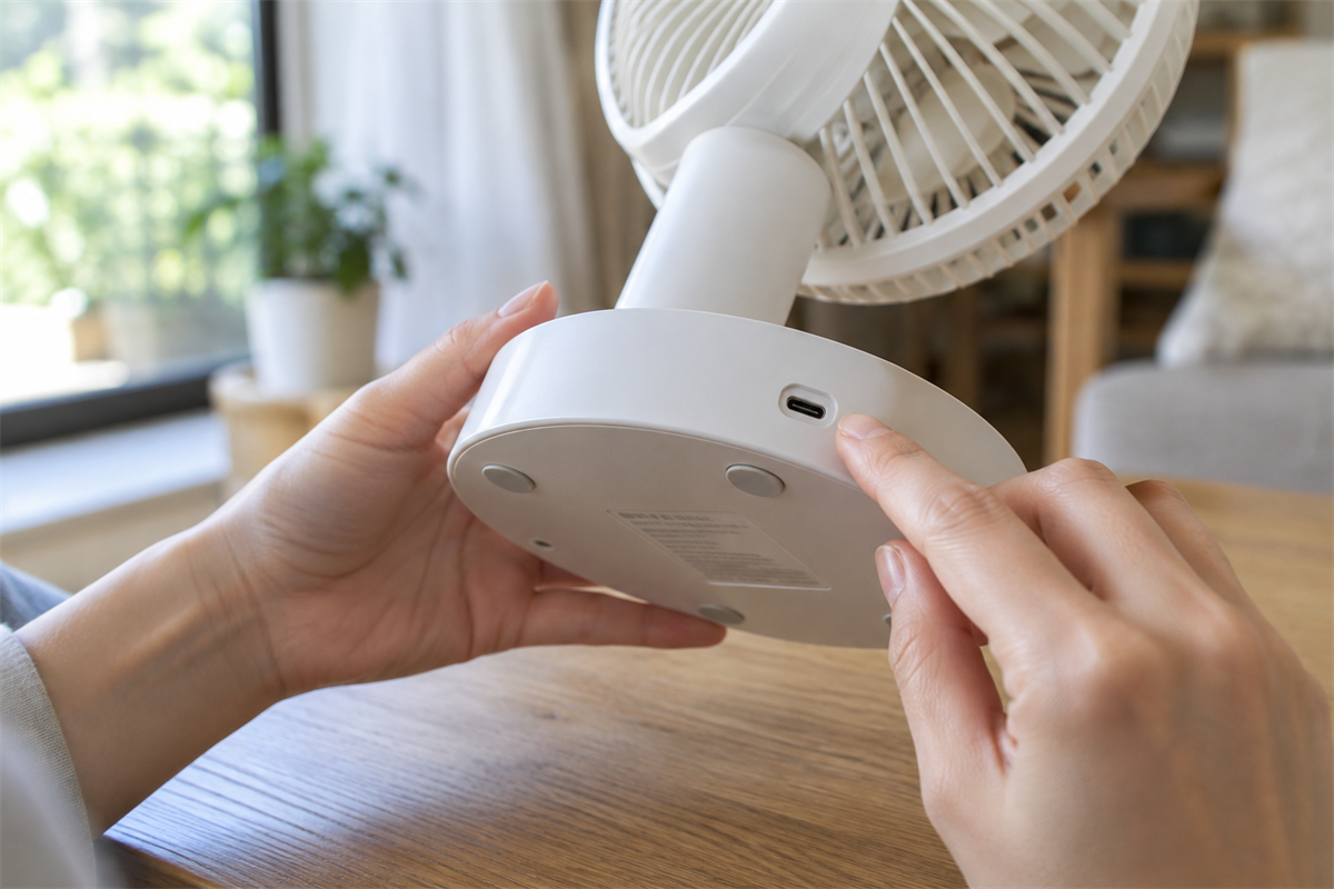扇風機の底面表示と充電端子を確認する手元