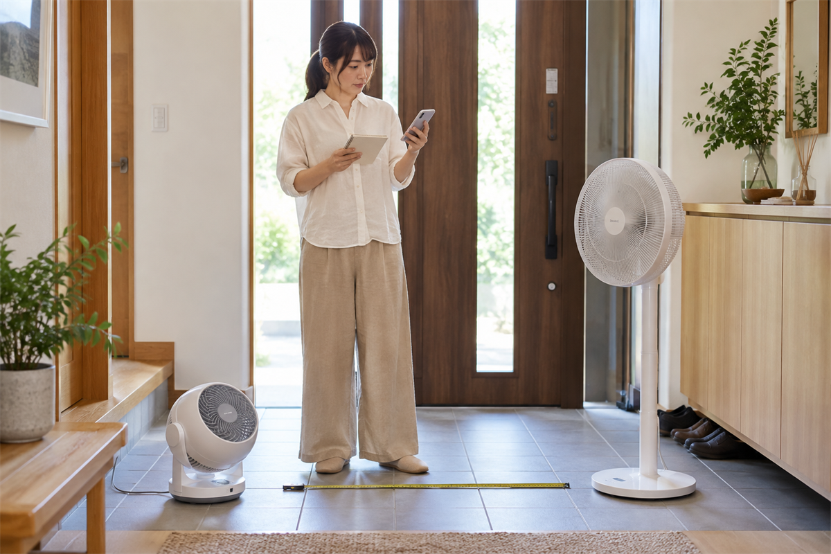 玄関で大型扇風機と小型サーキュレーターを見比べる様子