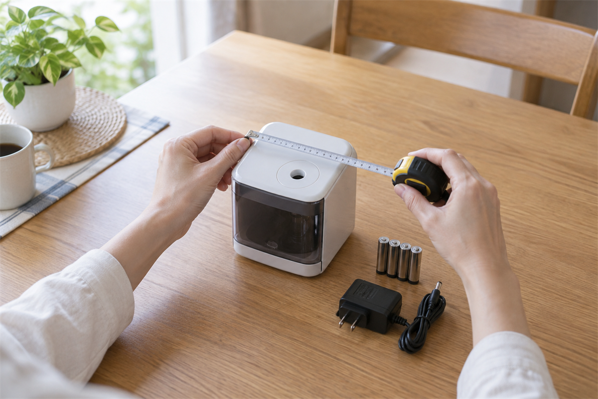 電動鉛筆削りの三辺を巻尺で測る様子
