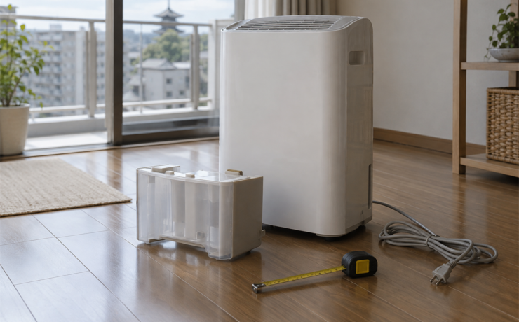 京都市伏見区の住宅に置かれた除湿機と巻尺、排水タンク、電源コード