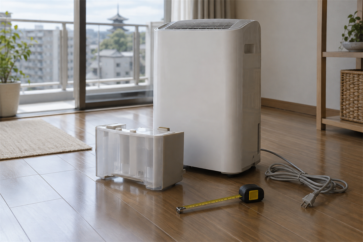 京都市伏見区の住宅に置かれた除湿機と巻尺、排水タンク、電源コード
