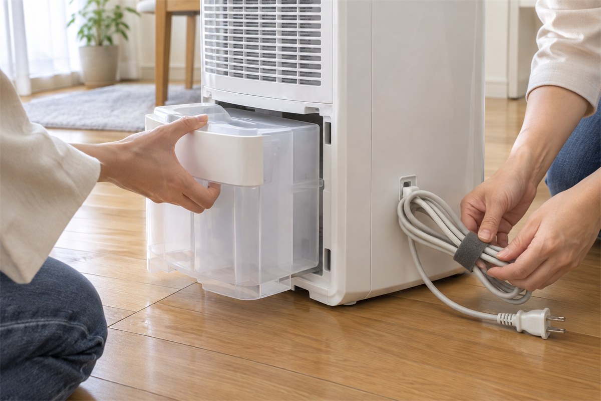 排水タンクを空にして除湿機の電源コードを束ねる手元