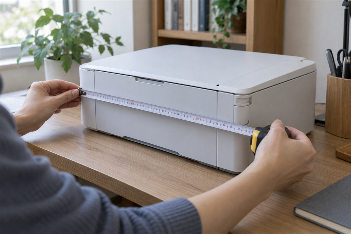 給紙トレイを閉じた家庭用プリンターの3辺を巻き尺で測る様子