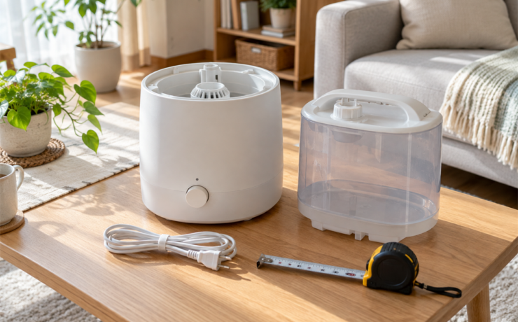 給水タンク、巻尺、電源コードと並べた家庭用加湿器