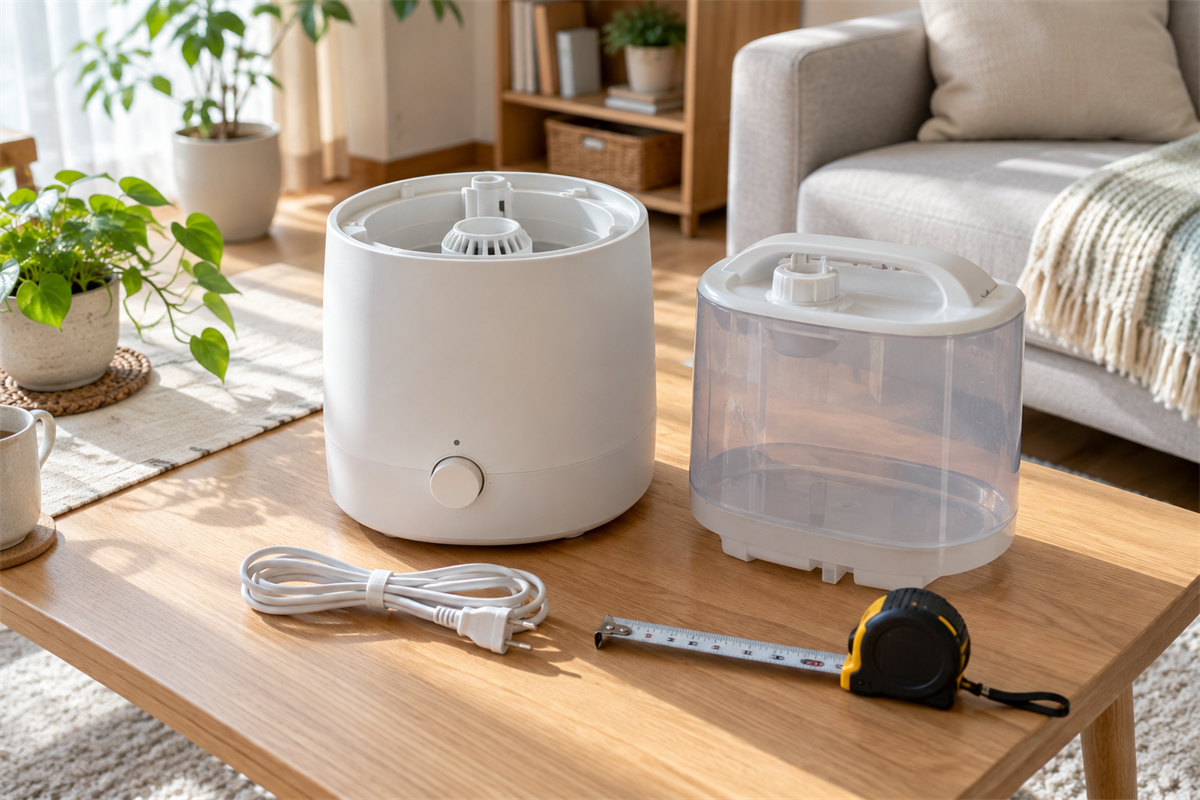 給水タンク、巻尺、電源コードと並べた家庭用加湿器