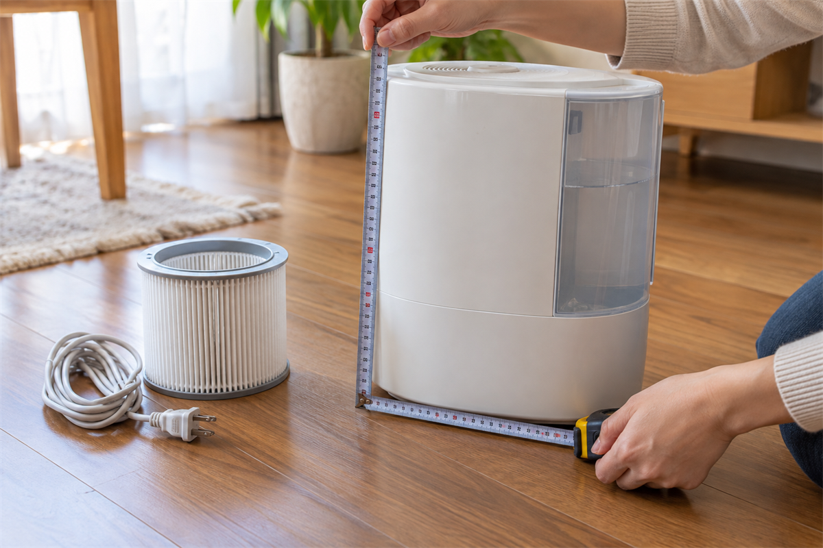 巻尺で加湿器の幅と高さを測り付属品を確認する様子