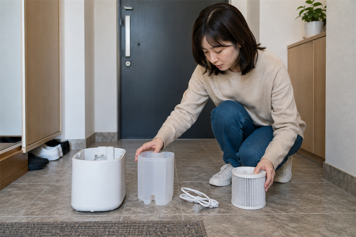 玄関で加湿器、フィルター、コードを並べて処分準備をする様子