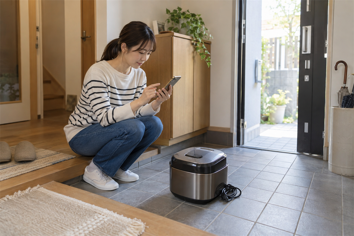 炊飯器の大型ごみ申込み内容を自宅で確認する様子